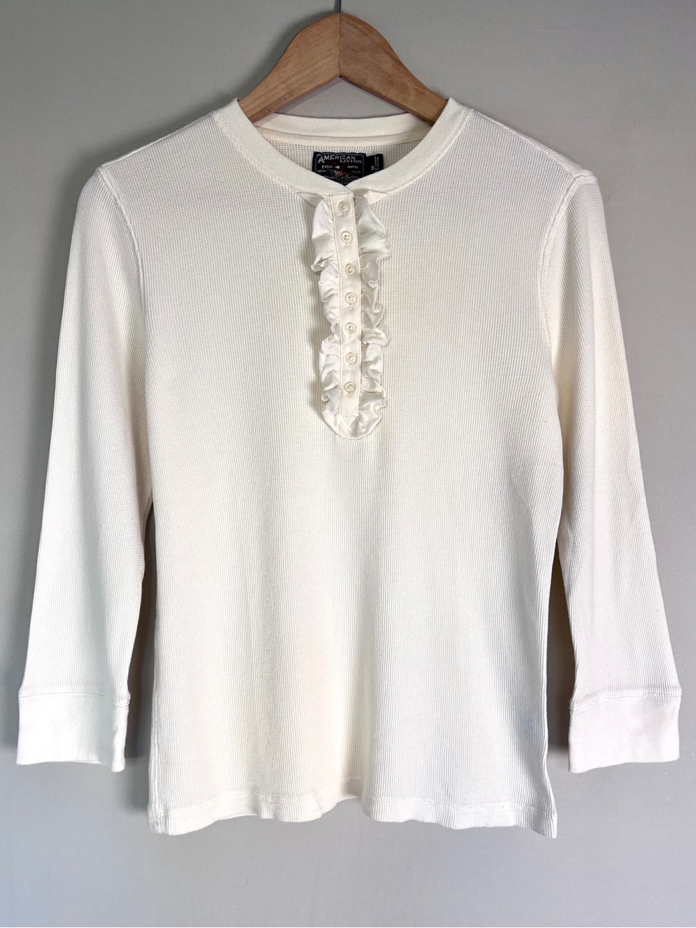 American Living 100% Cotton Thermal Top Ivory Ruffle Henley 3/4 Sleeve